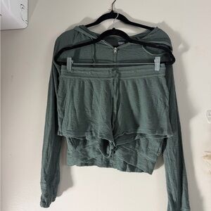 aerie Sage Green Waffle Zip Hoodie and short set